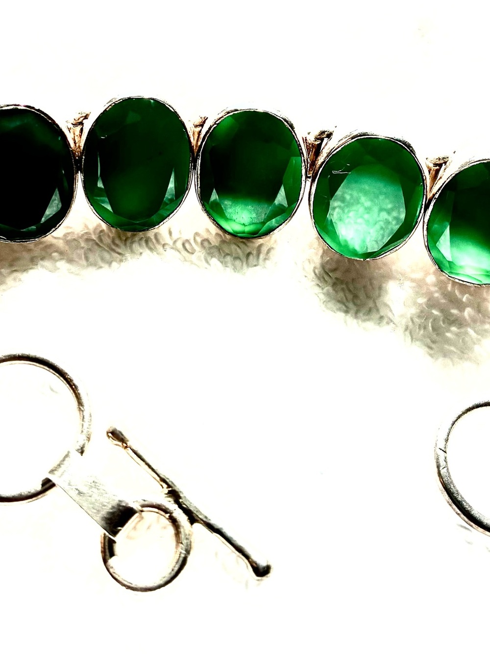 Antique Sterling Silver Green Gemstone Link Bracelet, Oval Cut Faceted Style